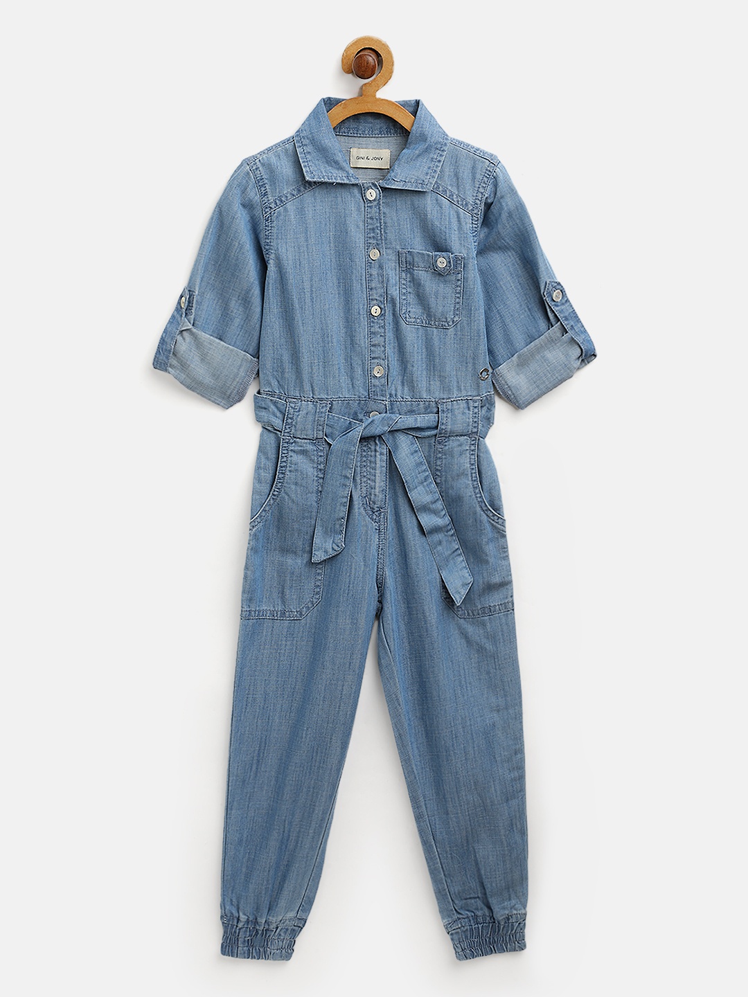 

Gini and Jony Girls Blue Washed Chambray Basic Jogger Jumpsuit with Belt