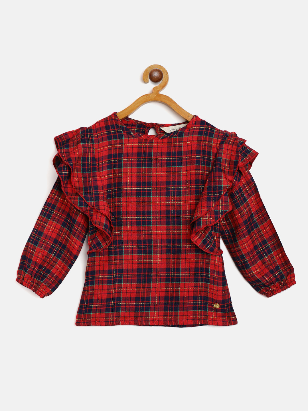 

Gini and Jony Girls Red & Navy Blue Checked Ruffle Detail Regular Top