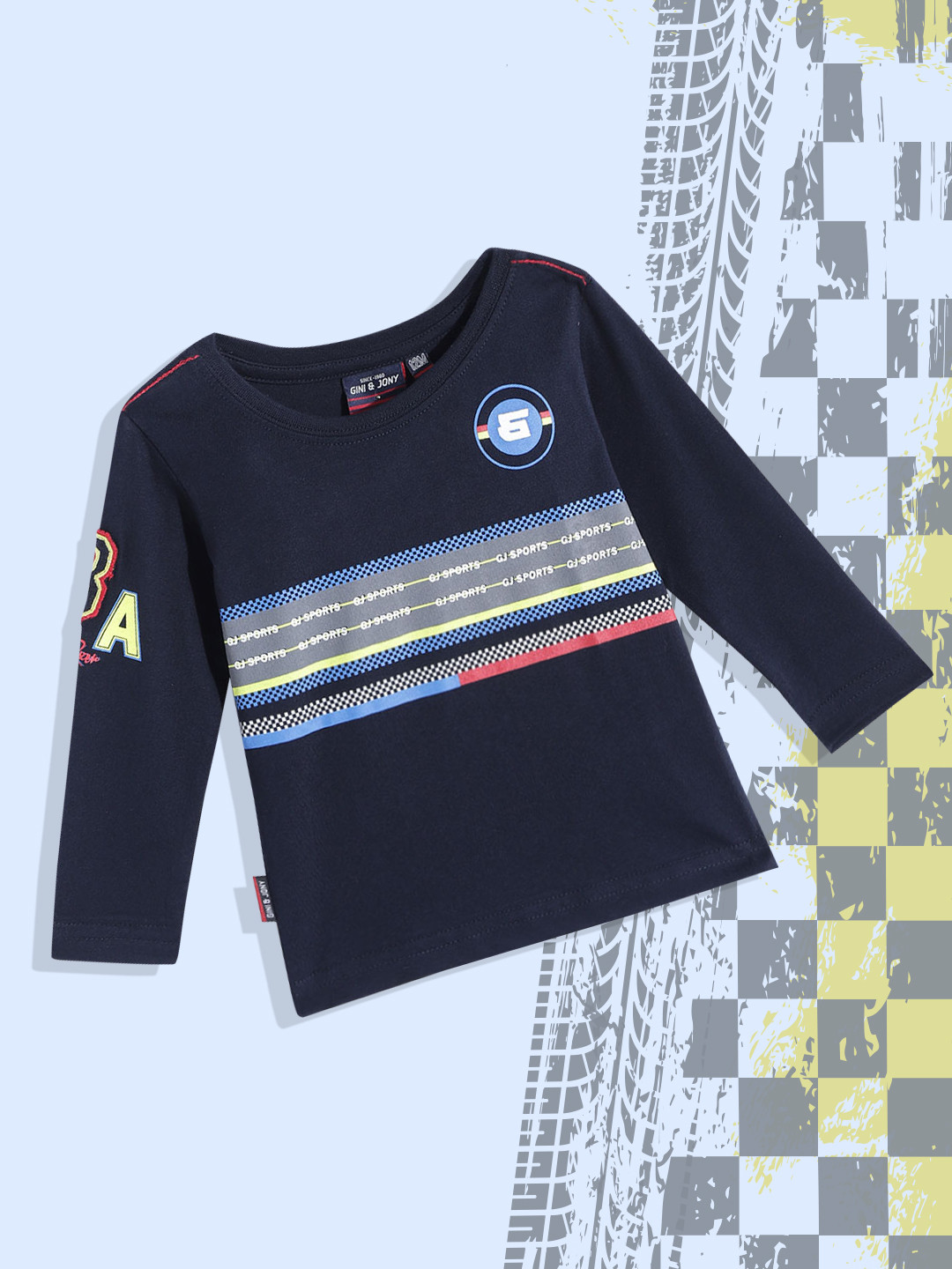 

Gini and Jony Infant Boys Navy Blue & White Printed Pure Cotton T-shirt
