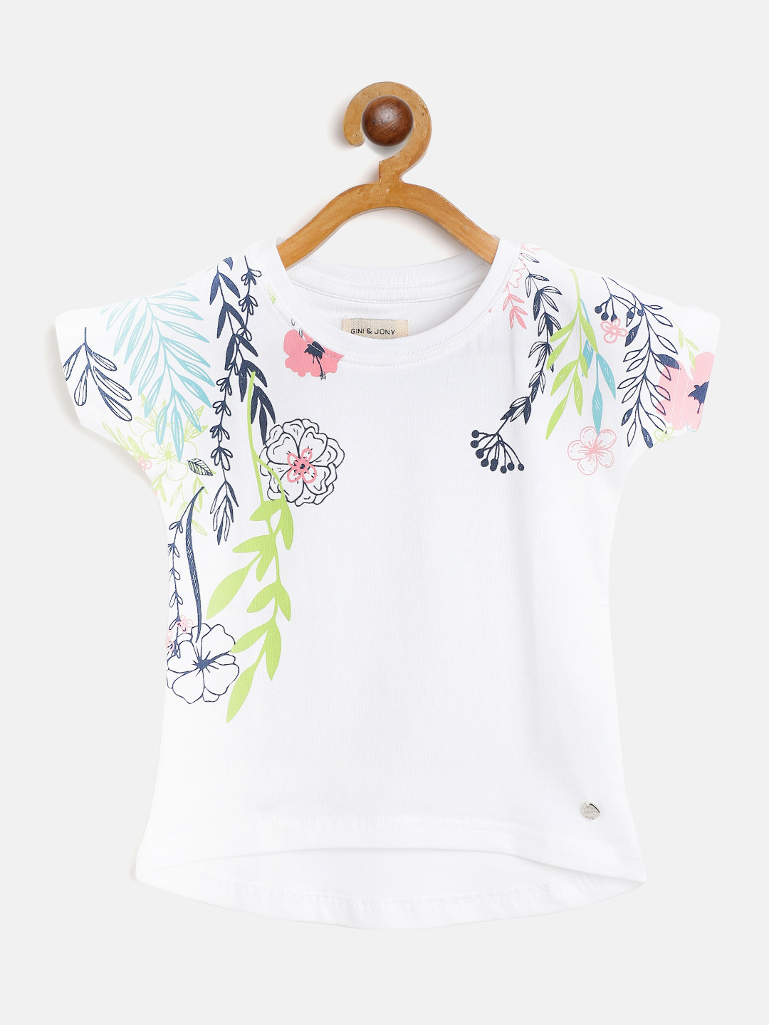 

Gini and Jony Girls White & Navy Blue Floral Print Round Neck T-shirt