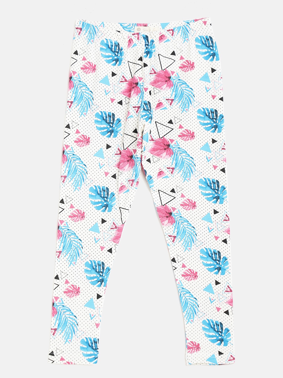 

Gini and Jony Girls White & Blue Tropical & Polka Dot Print Ankle Length Leggings