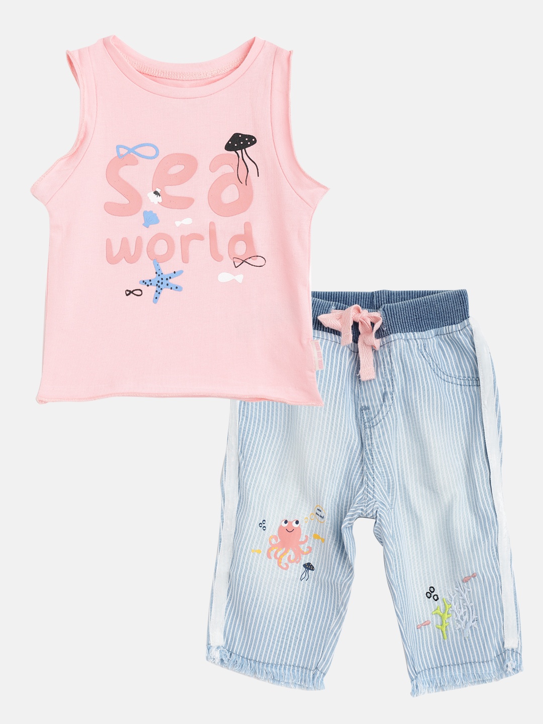 

Gini and Jony Infant Girls Peach-Coloured & Blue Printed T-shirt & Striped Trousers, Pink