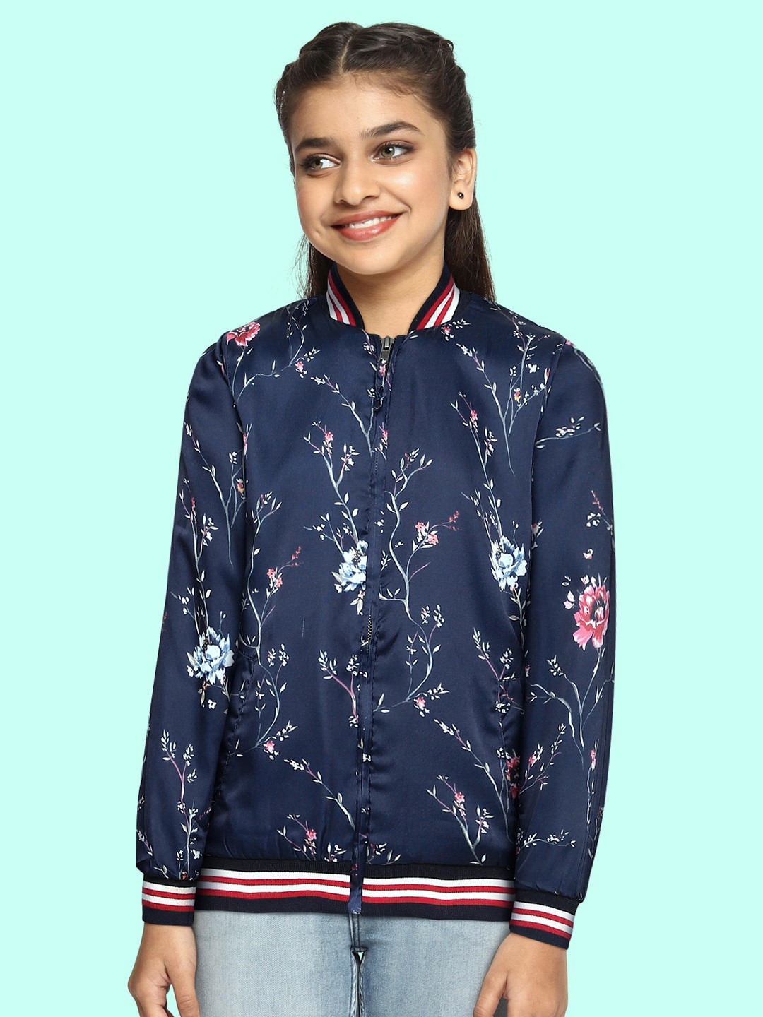

Gini and Jony Girls Navy Blue & Red Floral Print Bomber Jacket