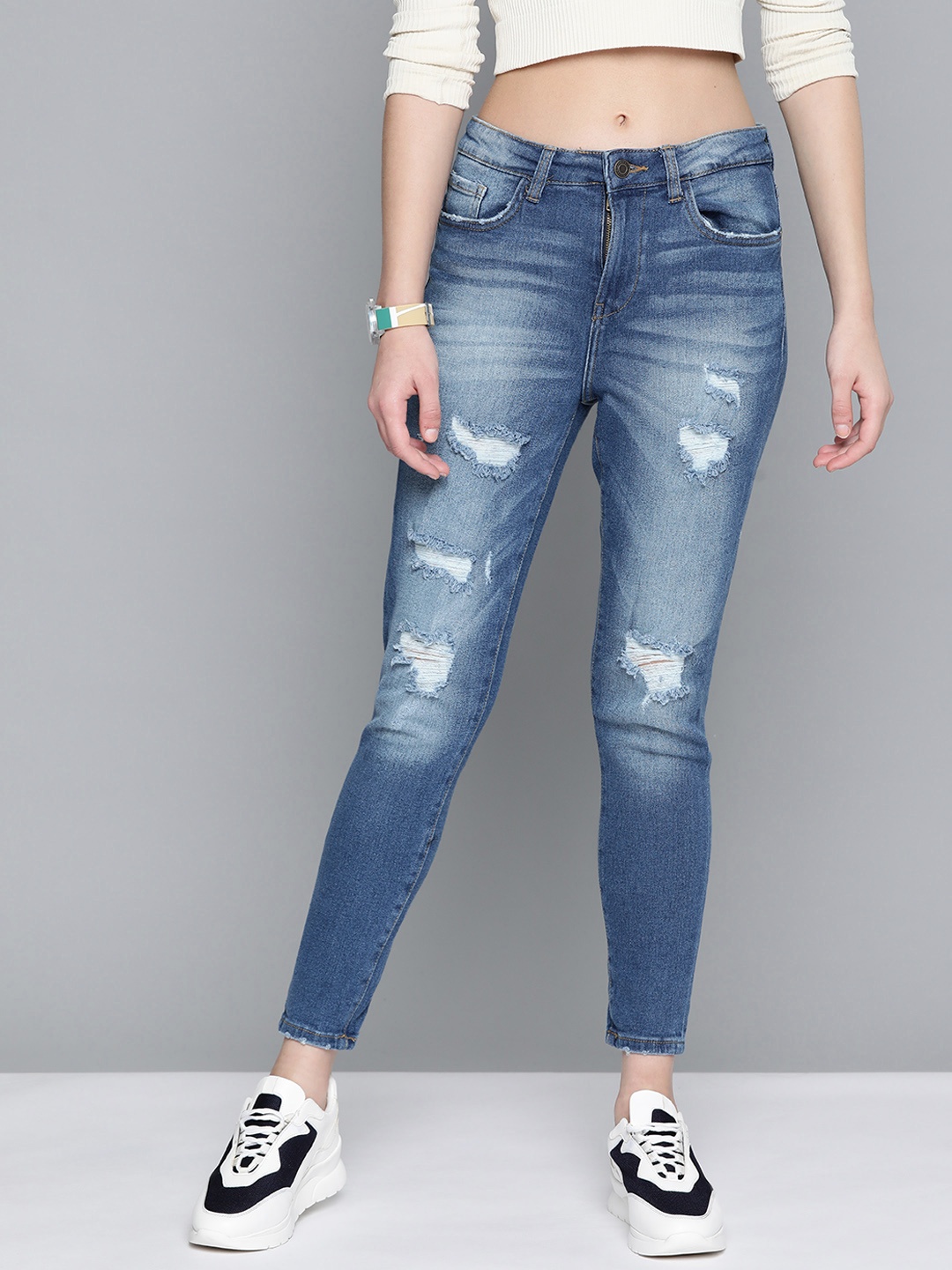 

Harvard Women Blue Skinny Fit High-Rise Highly Distressed Light Fade Stretchable Crop Jean