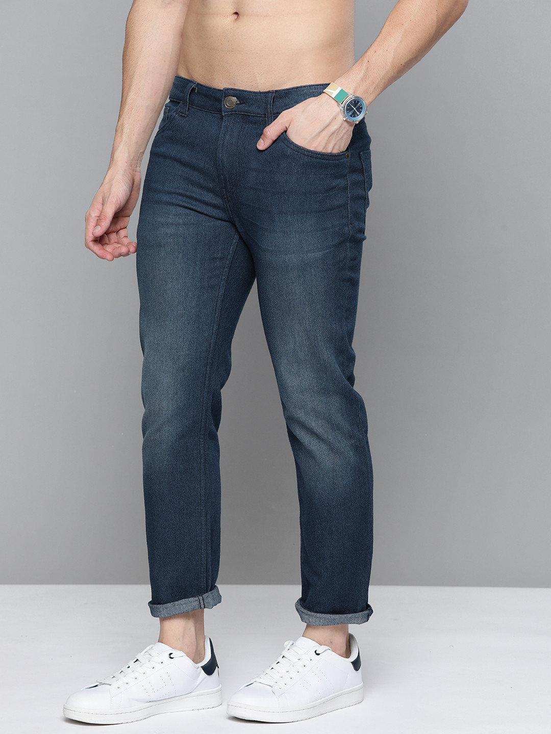 

Harvard Men Navy Blue Cropped Tapered Fit Light Fade Stretchable Jeans