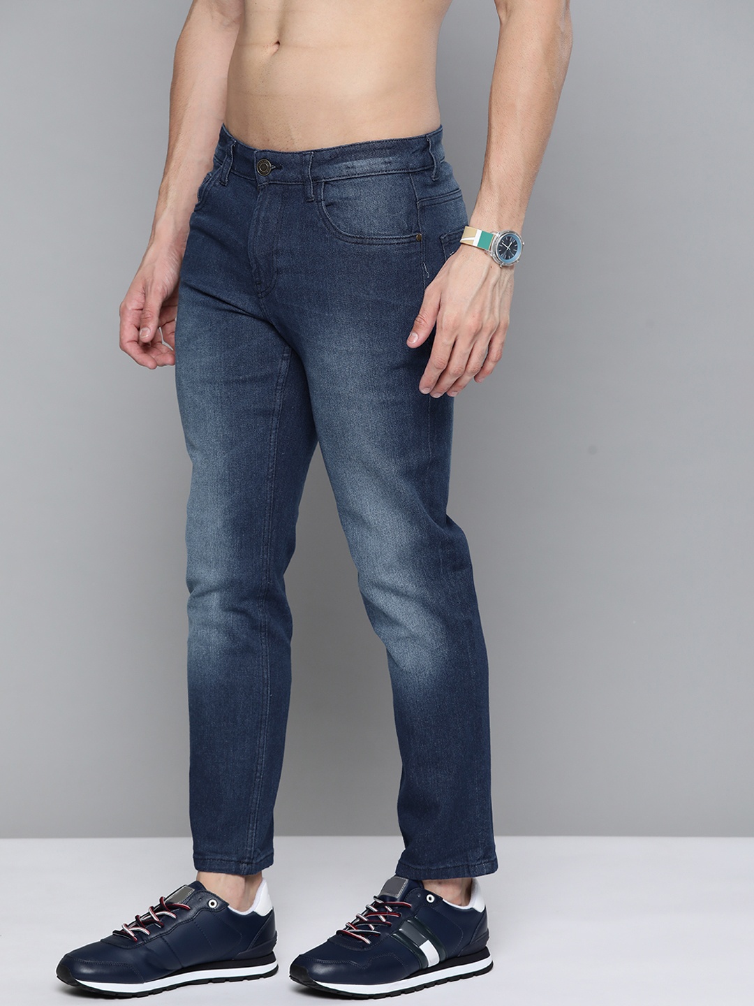

Harvard Men Navy Blue Cropped Tapered Fit Light Fade Stretchable Jeans