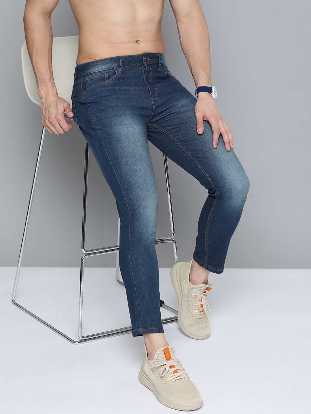 

Harvard Men Navy Blue Cropped Tapered Fit Light Fade Stretchable Jeans