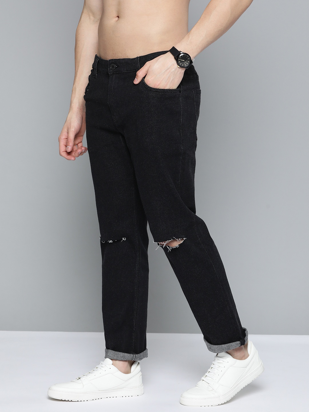 

Harvard Men Black Tapered Crop Fit Slash Knee Stretchable Jeans