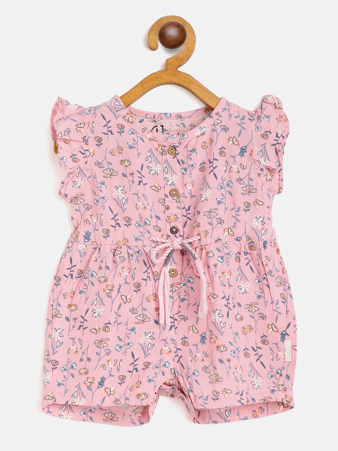 

Gini and Jony Infant Girls Pink & Blue Floral Print Rompers with Waist Tie-Ups