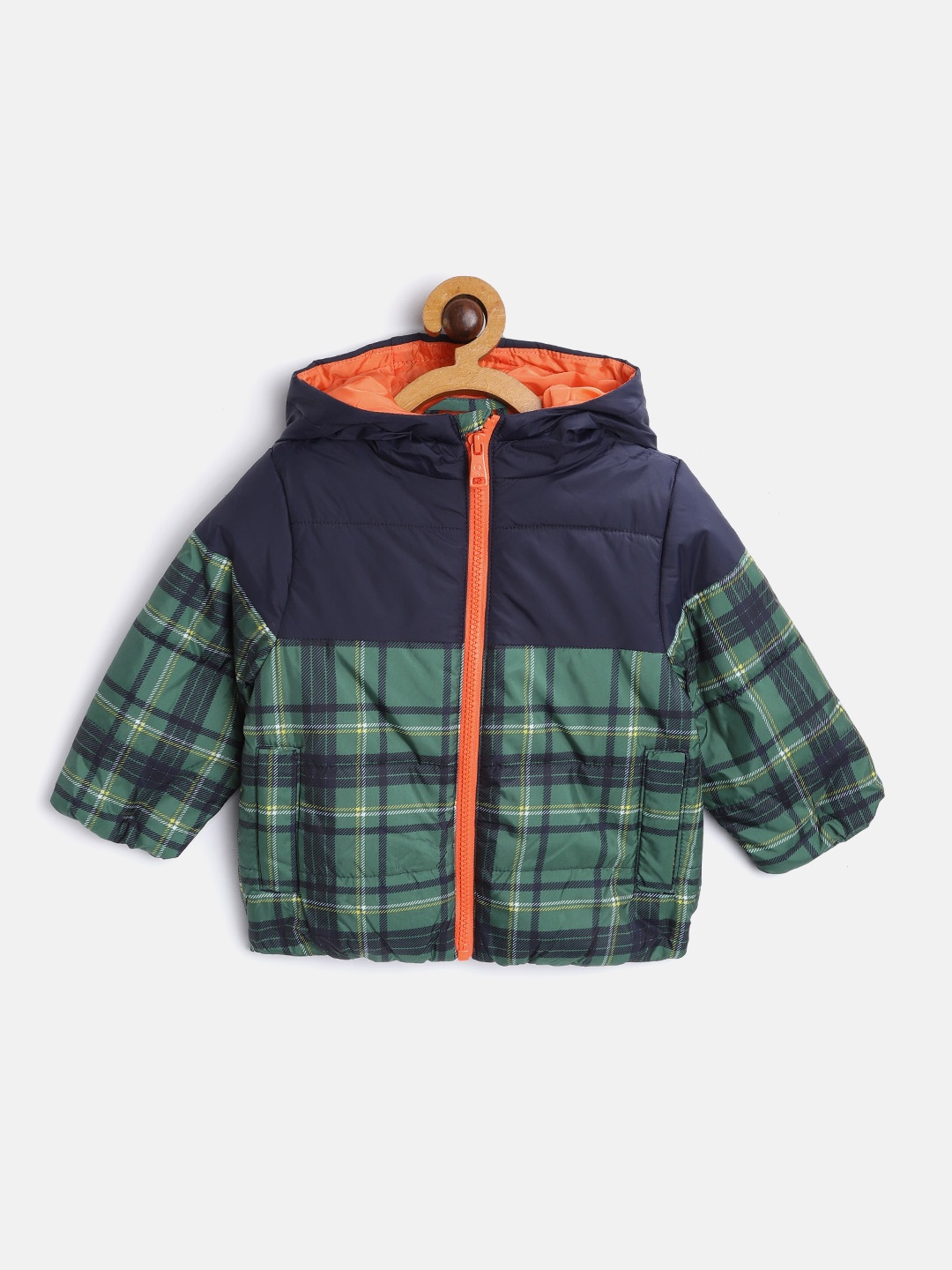 

United Colors of Benetton Boys Navy Blue Green Striped Padded Jacket