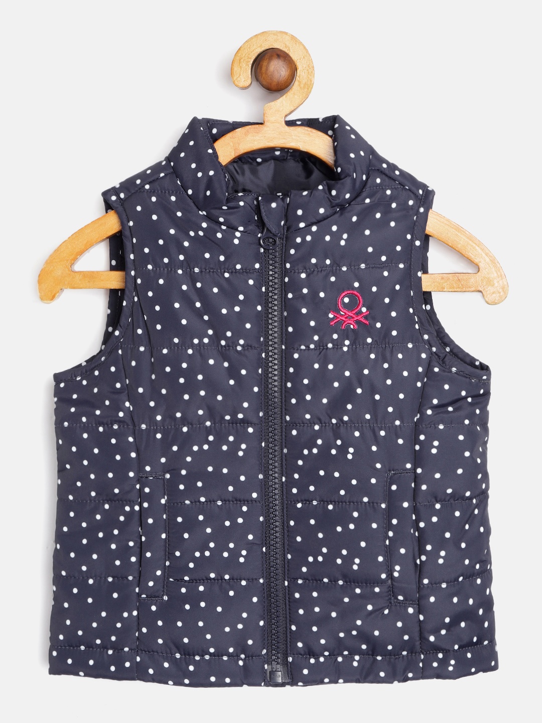 

United Colors of Benetton Girls Navy Blue & White Polka Dots Printed Padded Jacket
