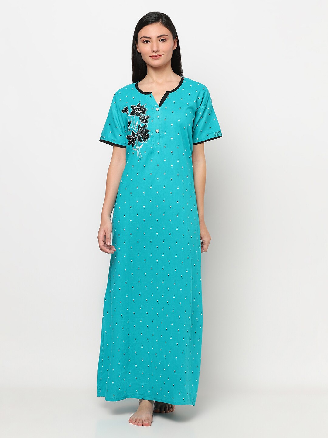 

TRUNDZ Turquoise Blue Printed Maxi Nightdress