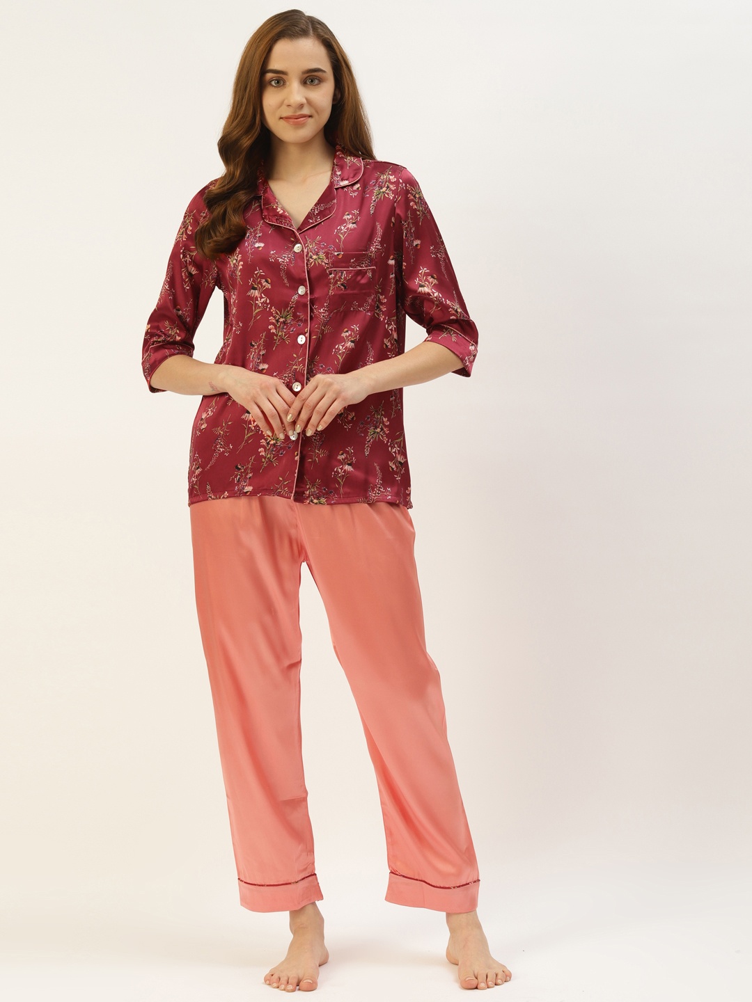 

Sweet Dreams Women Maroon & Peach-Coloured Floral Print Night suit