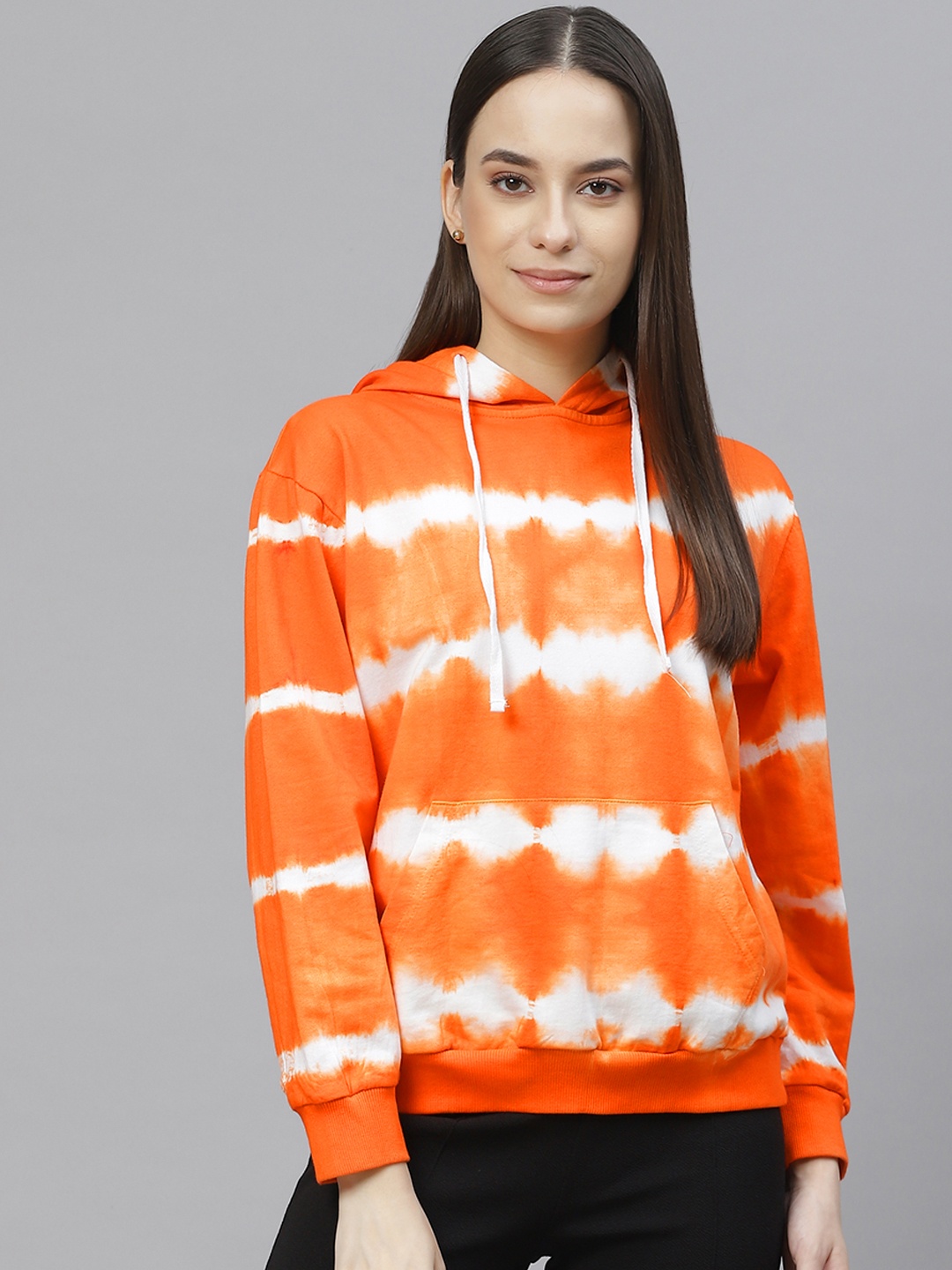 

plusS Women Orange Printed Hooded Sweatshirt