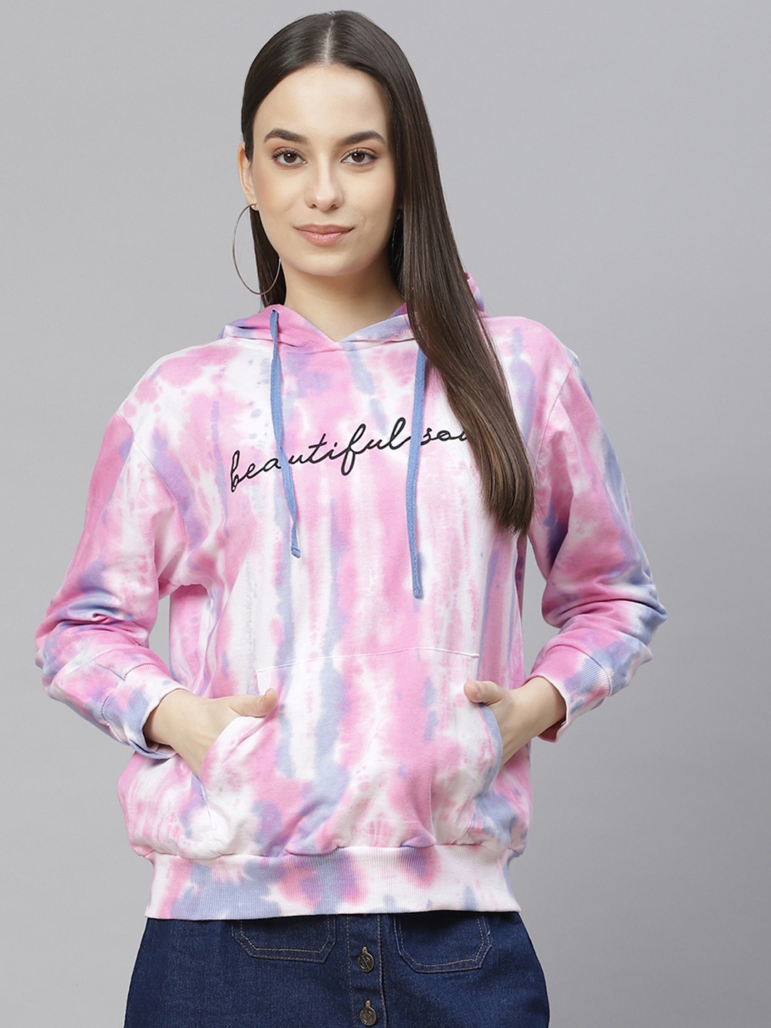 

plusS Women Blue Printed Hooded Sweatshirt