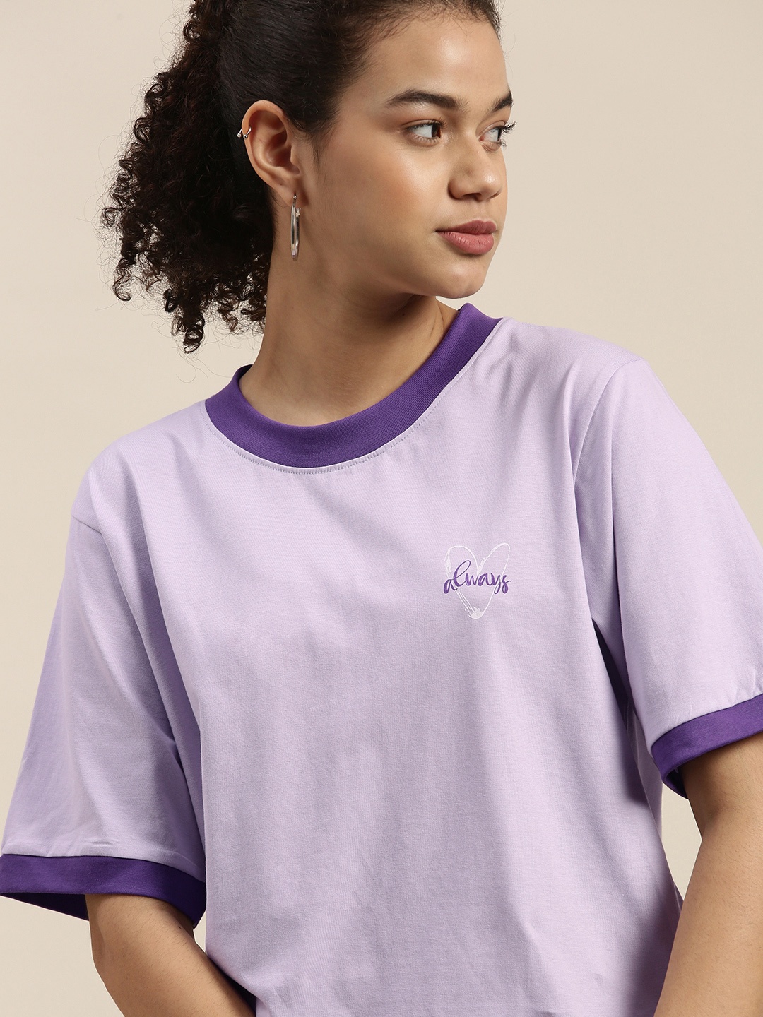 

DILLINGER Women Lavender Typography Printed Loose Pure Cotton T-shirt