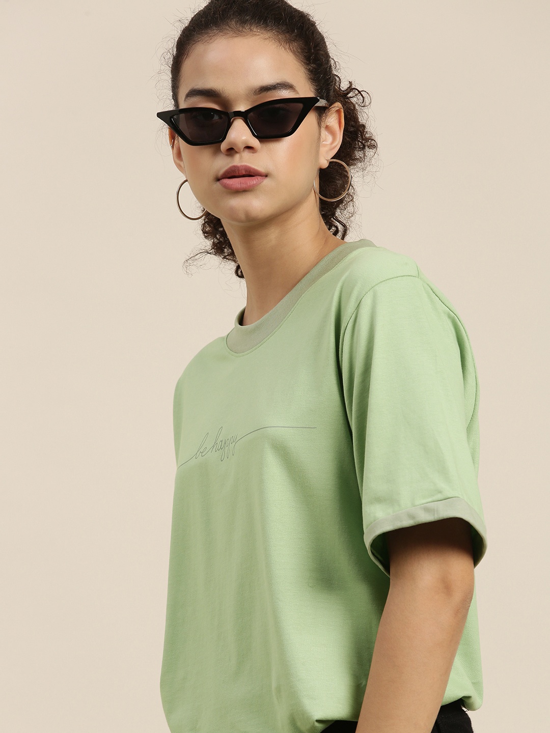 

DILLINGER Women Green Typography Printed Oversized T-shirt