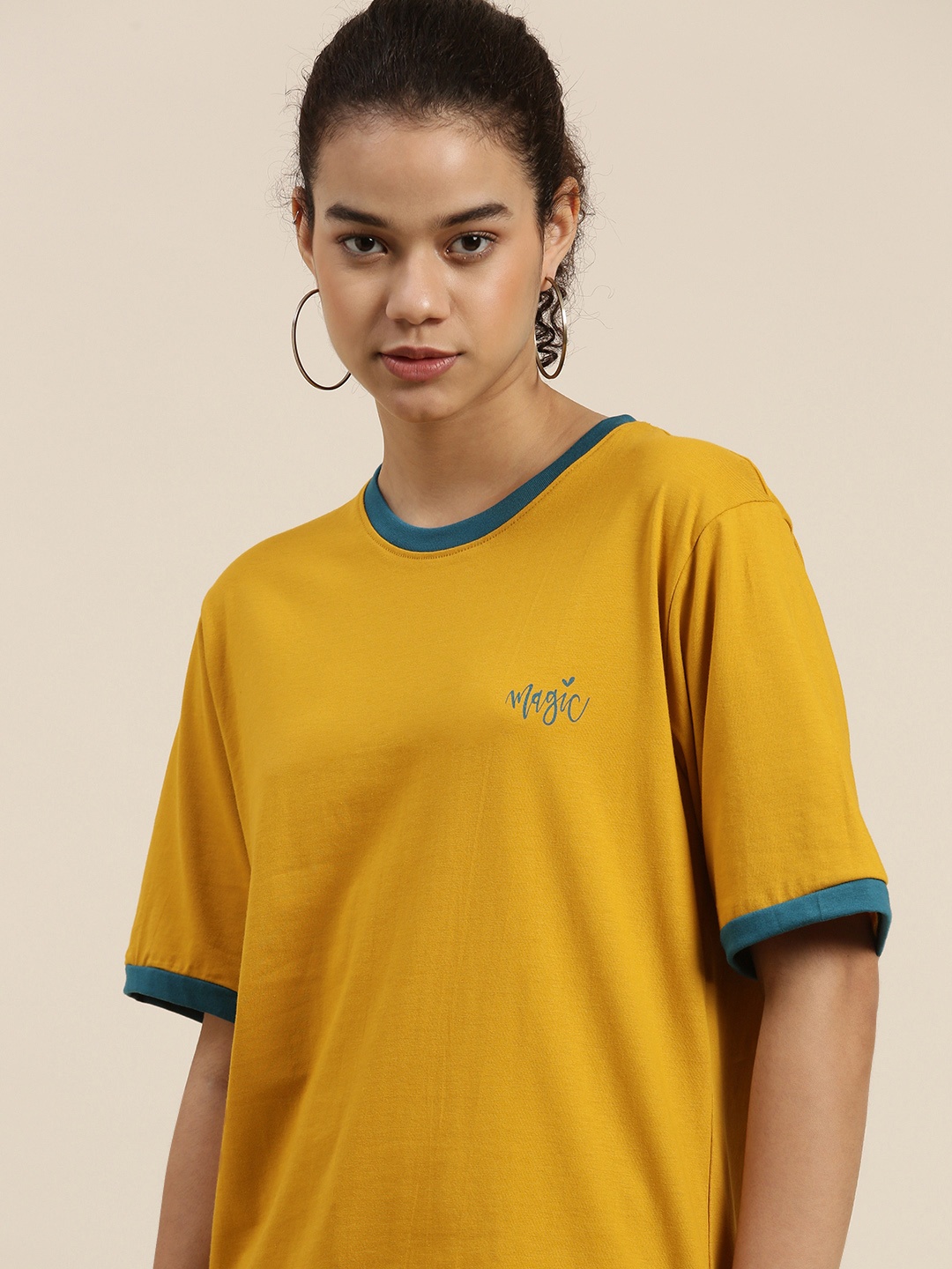 

DILLINGER Women Mustard Yellow Printed Pure Cotton Loose Pure Cotton T-shirt