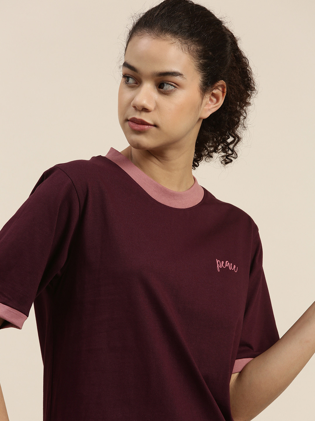 

DILLINGER Women Burgundy Pure Cotton Oversized T-shirt