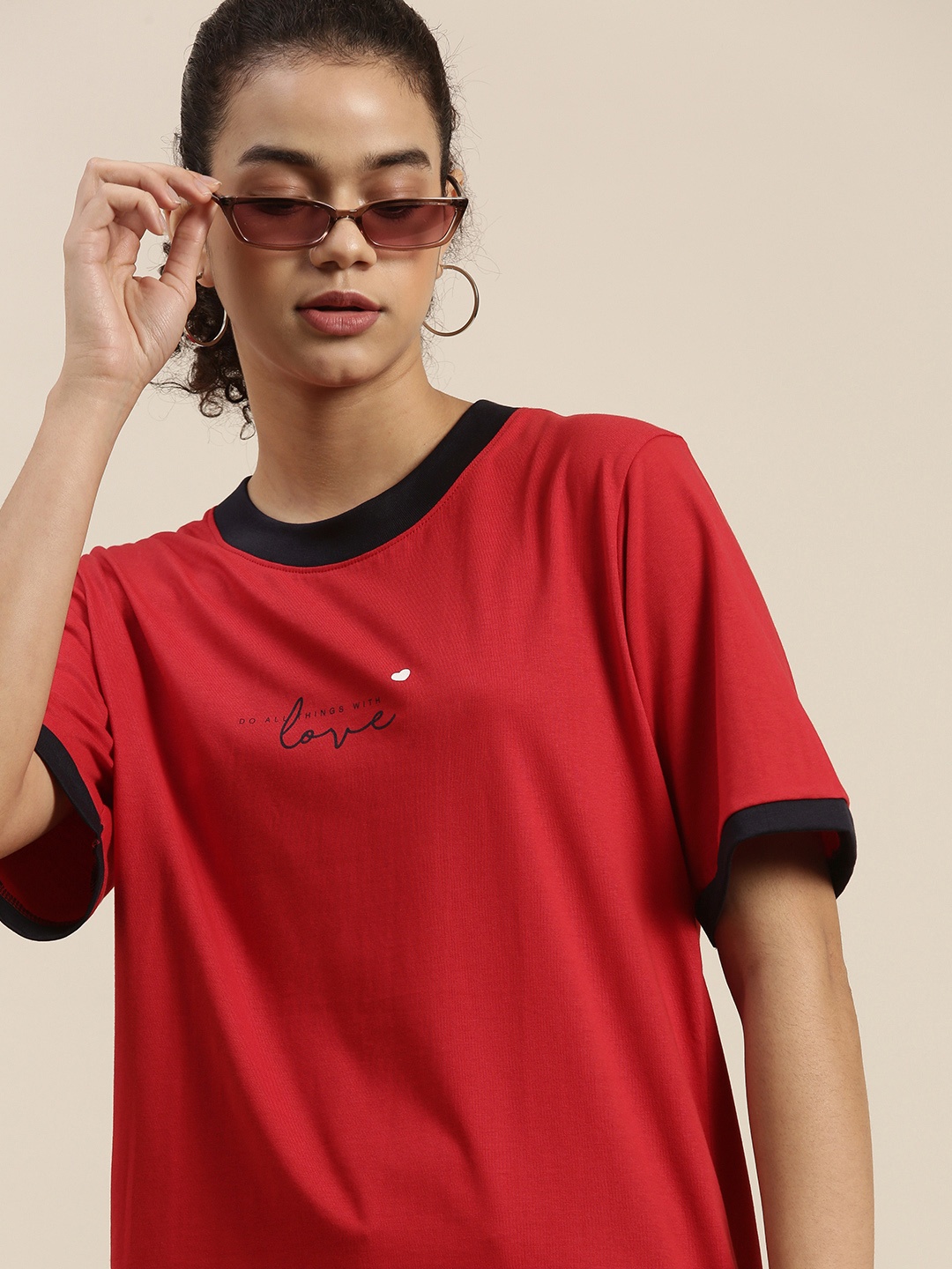 

DILLINGER Women Red Black Typography Printed Oversized T-shirt