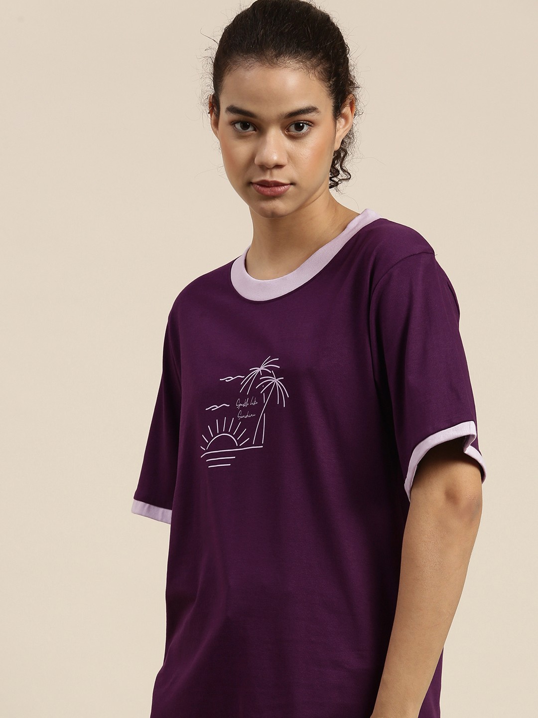 

DILLINGER Women Purple Printed Loose Pure Cotton T-shirt