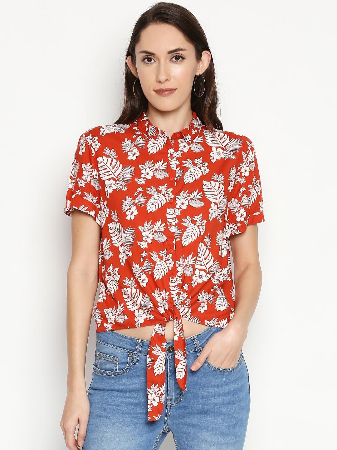 

People Women Orange Floral Opaque Printed Casual Shirt