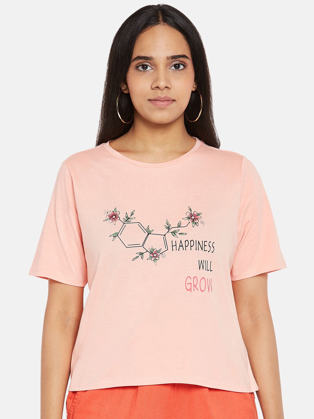 

People Women Peach-Coloured Printed Cotton Pure Cotton T-shirt