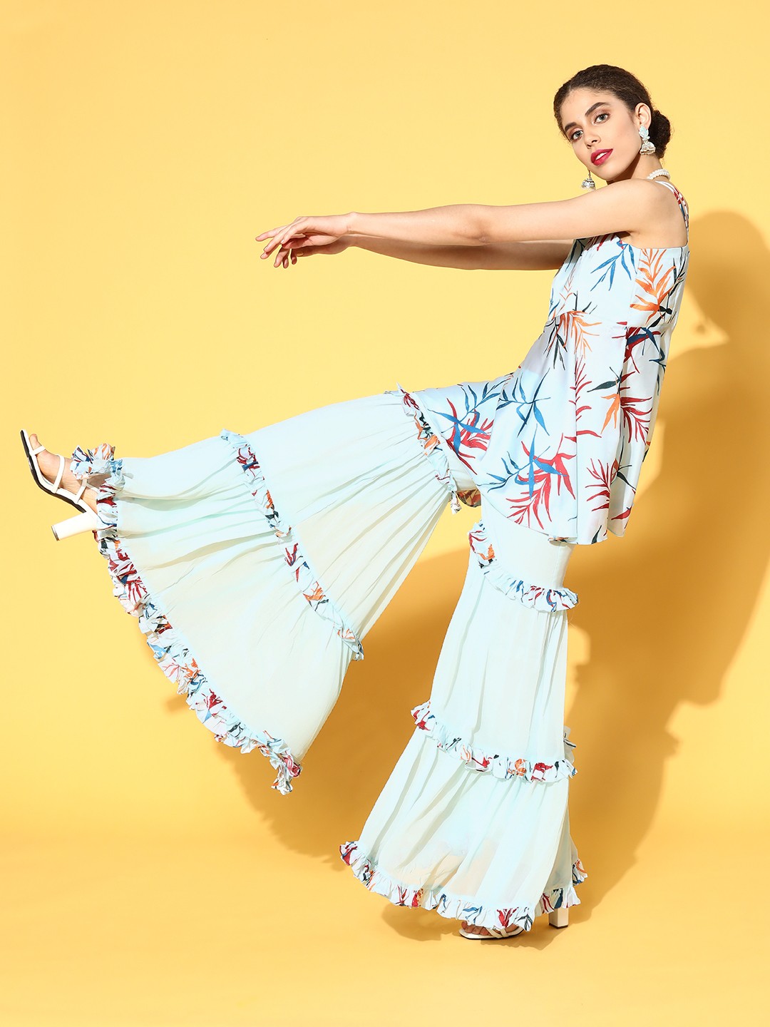 

Inddus Floral Satin Kurta Set, Blue