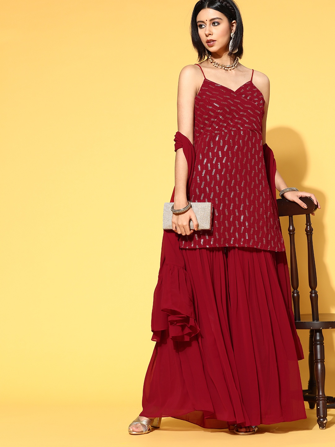 

Inddus Geometric Poly Georgette Kurta Set, Maroon