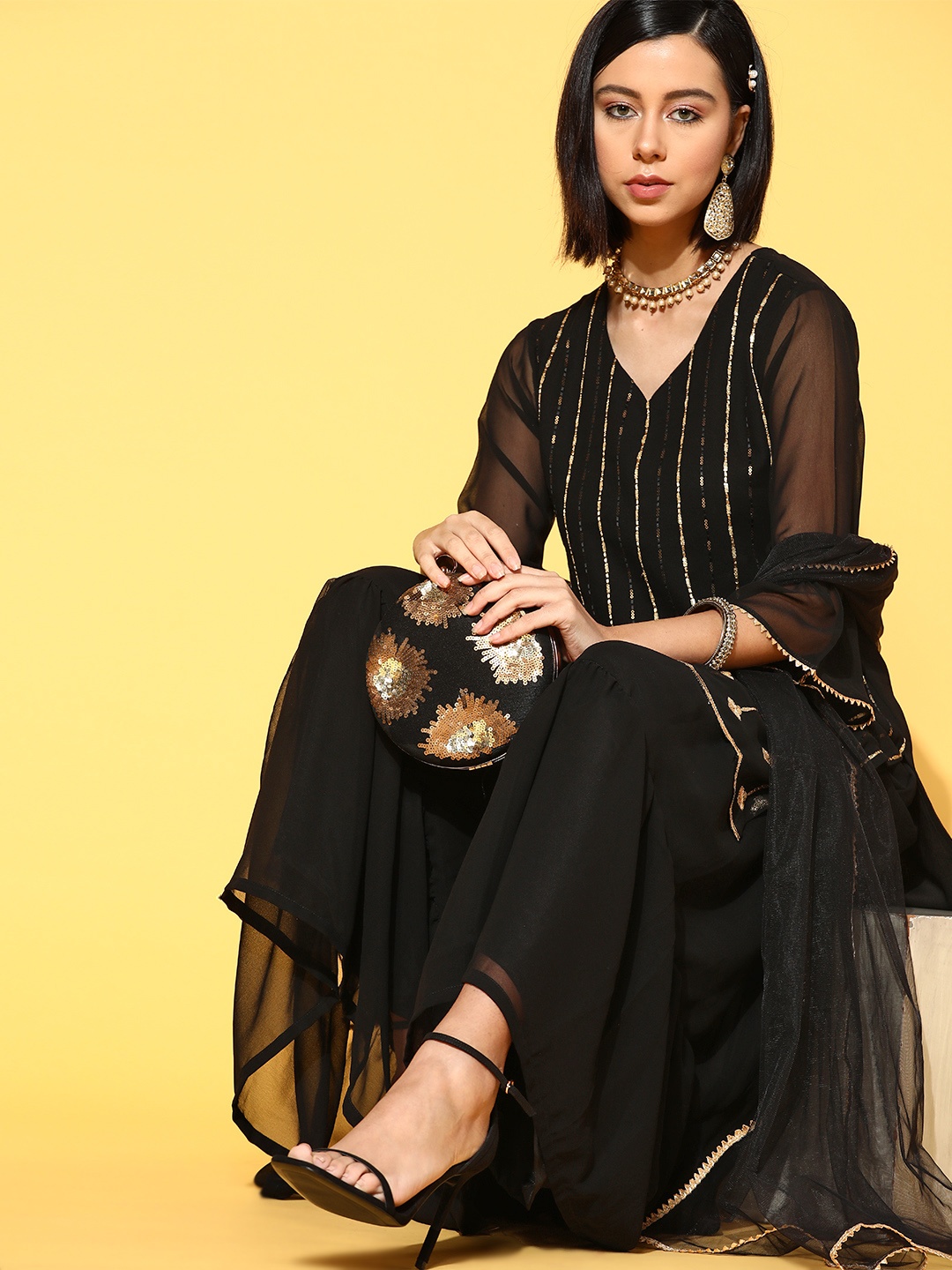 

Inddus Striped Poly Georgette Kurta Set, Black
