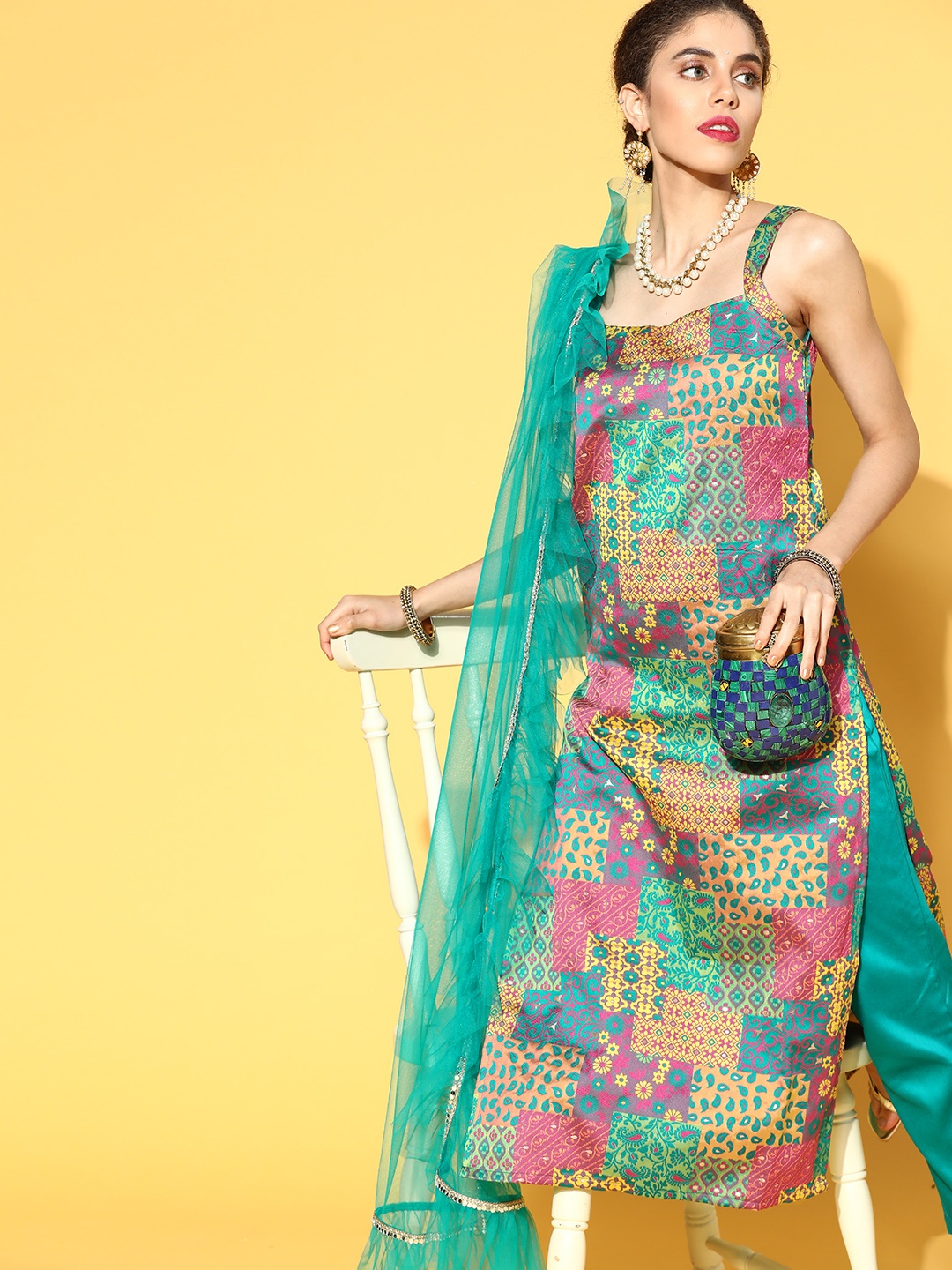 Inddus Woven Design Silk Blend Kurta Set, Teal