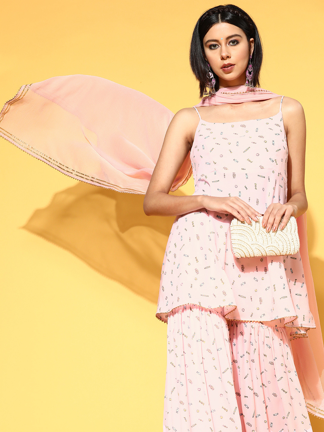 

Inddus Quirky Poly Georgette Kurta Set, Pink