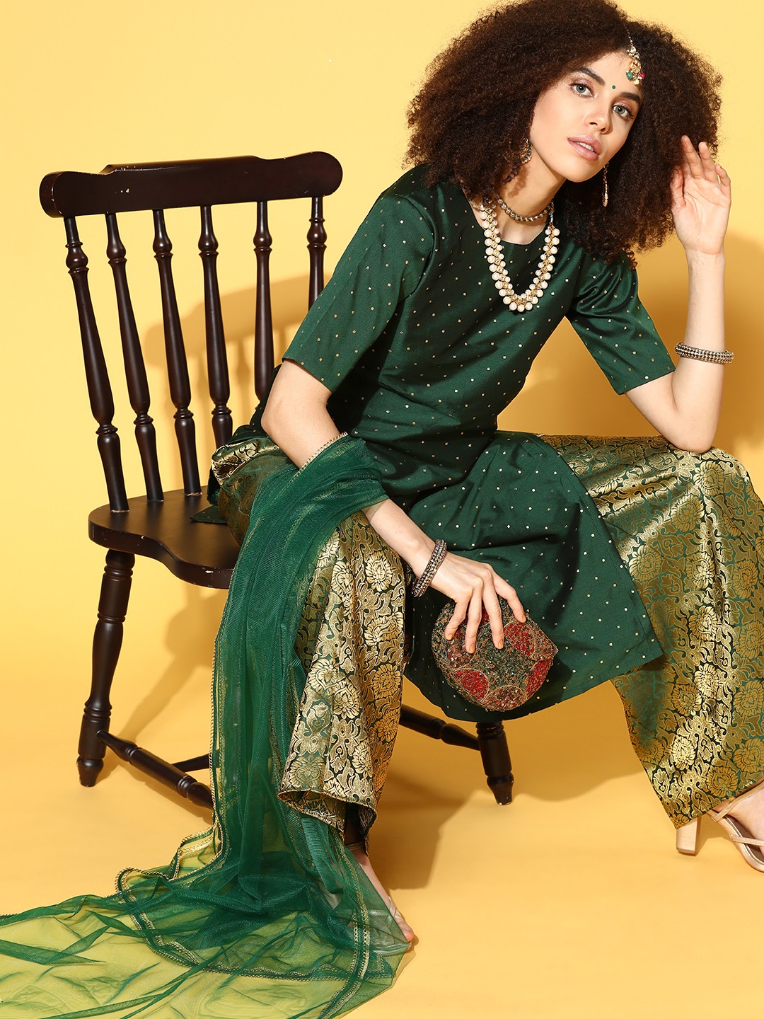 

Inddus Green & Golden Woven Kurta with Brocade Sharara with Dupatta