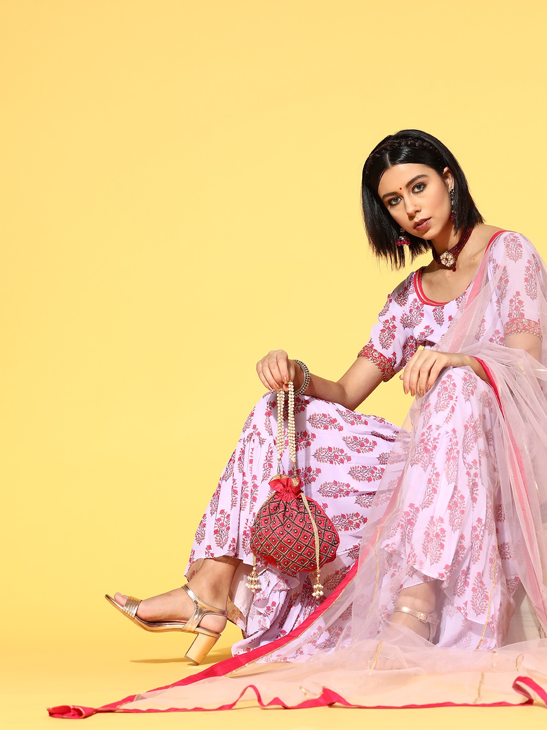 

Inddus Lavender & White Floral Poly Georgette Kurta Set