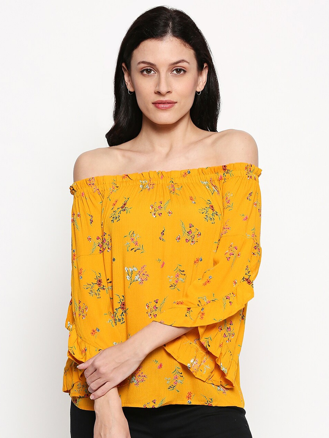 

People Mustard Yellow Floral Off-Shoulder Bardot Top