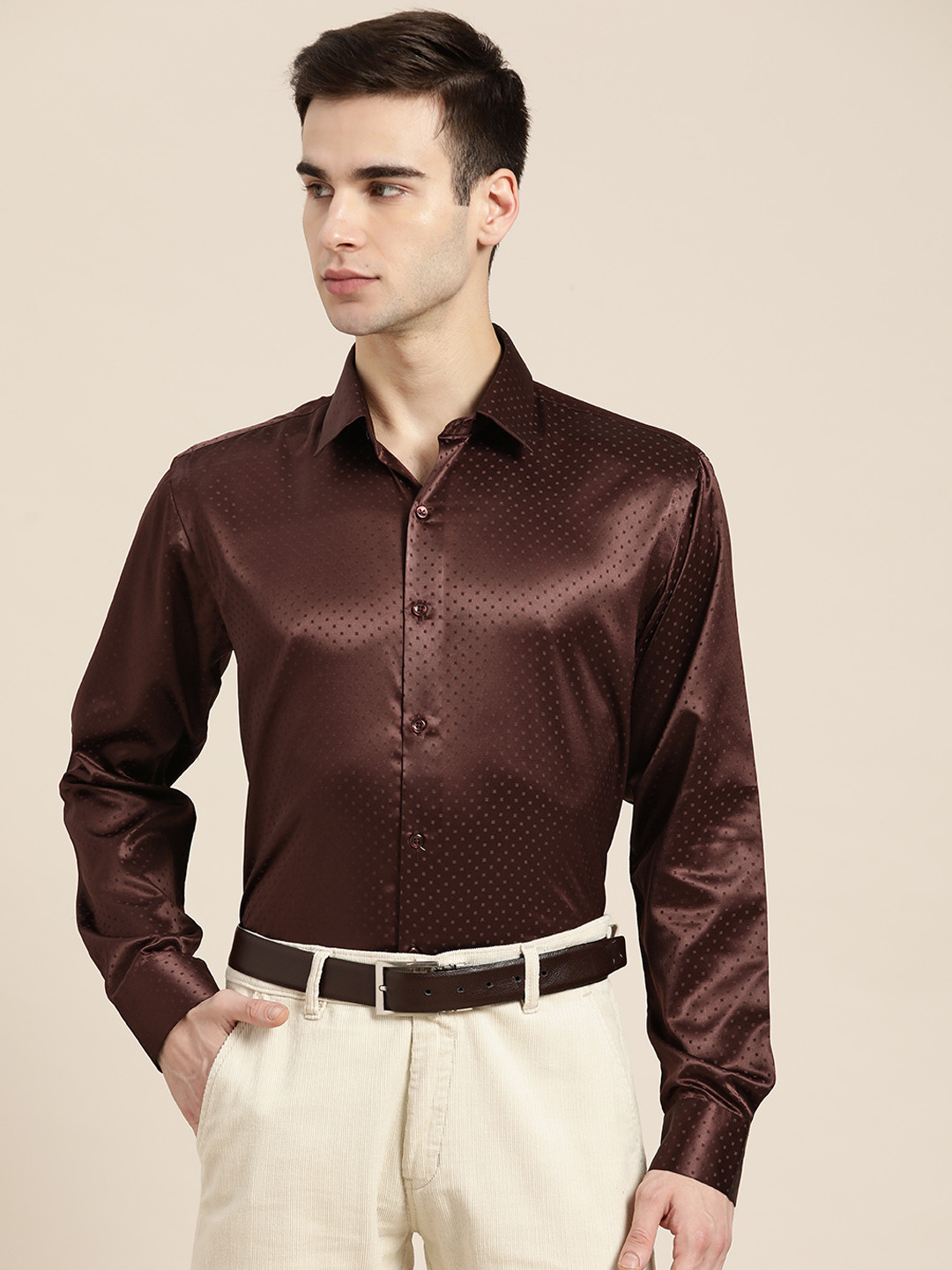 

Hancock Men Maroon Slim Fit Satin Printed Formal Shirt