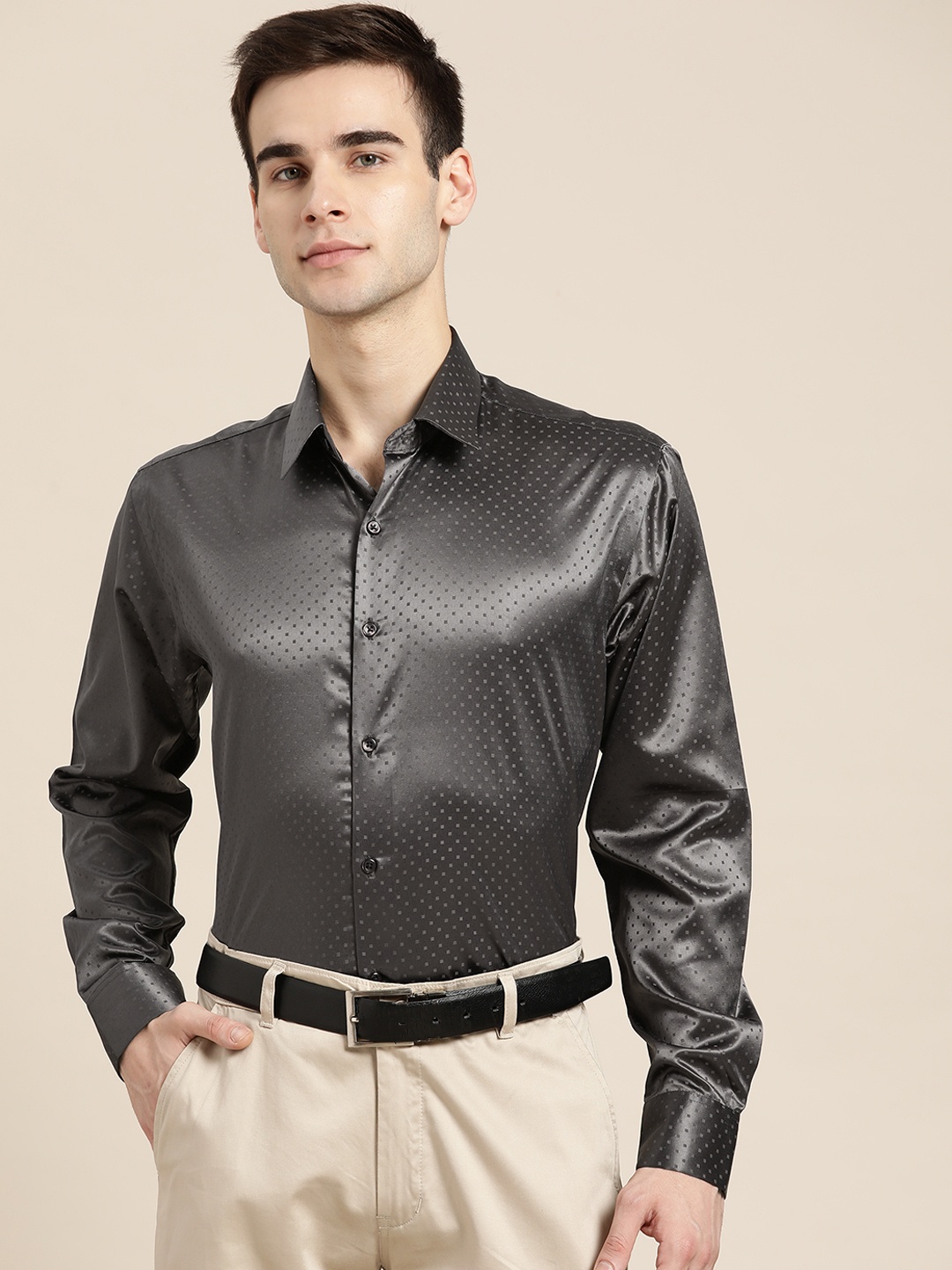 

Hancock Men Grey Slim Fit Satin Printed Formal Shirt
