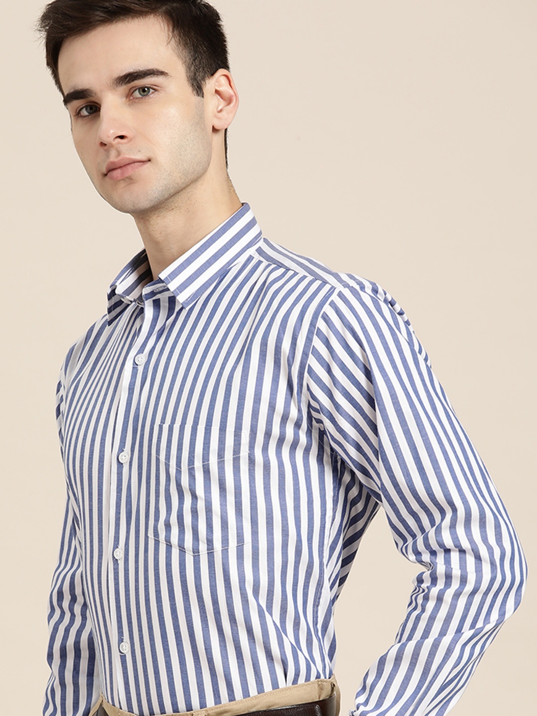 

Hancock Men Blue Slim Fit Opaque Striped Formal Shirt