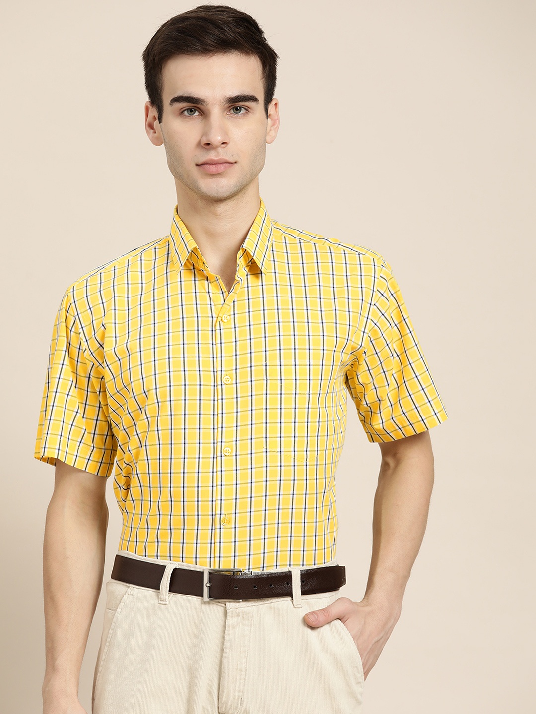 

Hancock Men Yellow Slim Fit Windowpane Checks Opaque Checked Formal Shirt