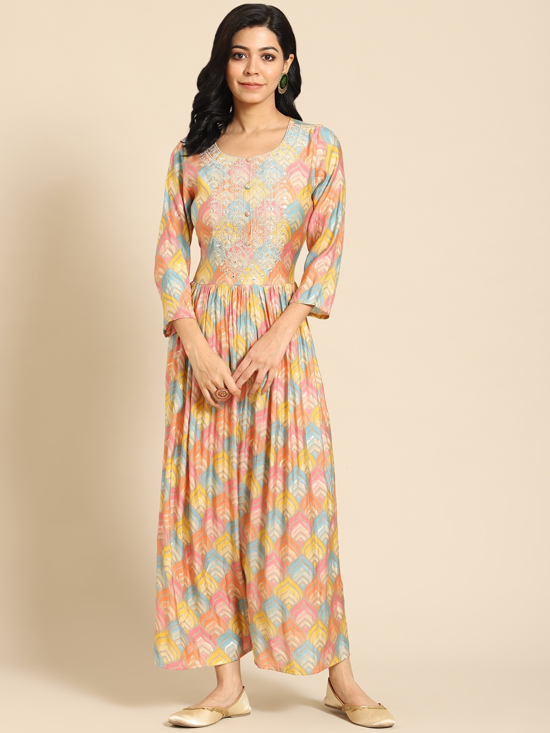 

Prakrti Peach-Coloured & Blue Ethnic Maxi Dress