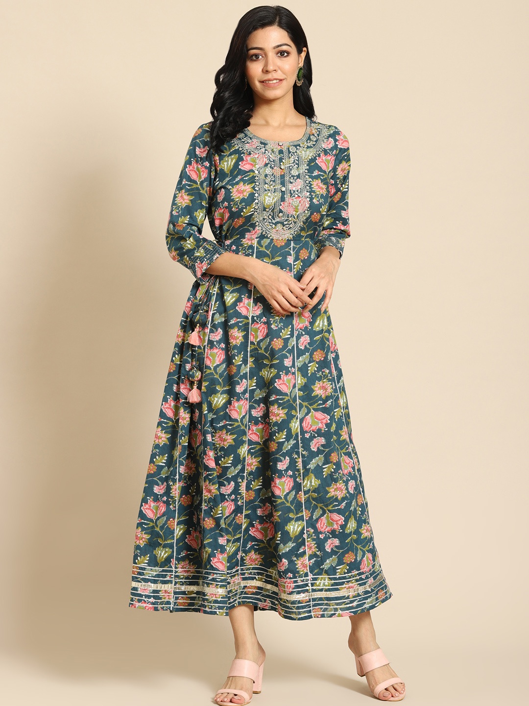 

Prakrti Teal & Pink Floral Ethnic Midi Dress