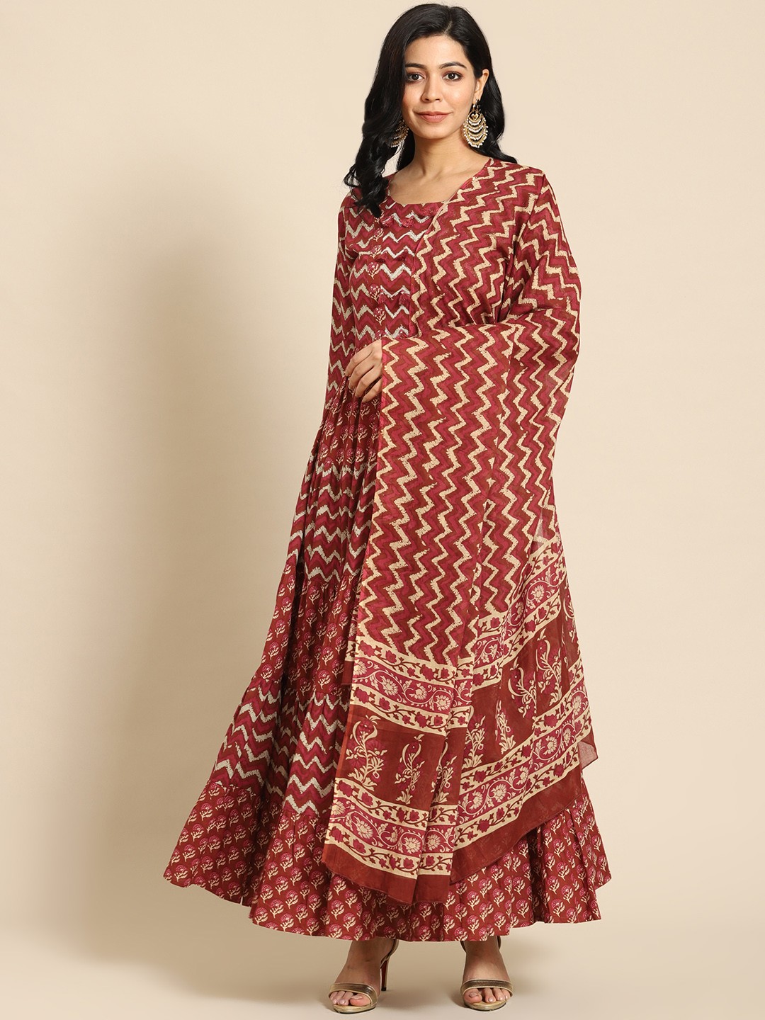 

Prakrti Rust & Beige Ethnic Maxi Dress With Dupatta