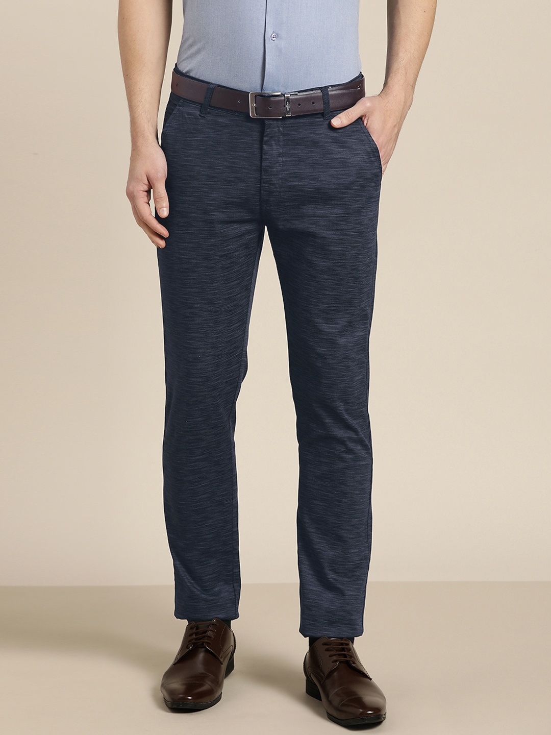 

Hancock Men Navy Blue Self-Design Slim Fit Cotton Easy Wash Formal Trousers