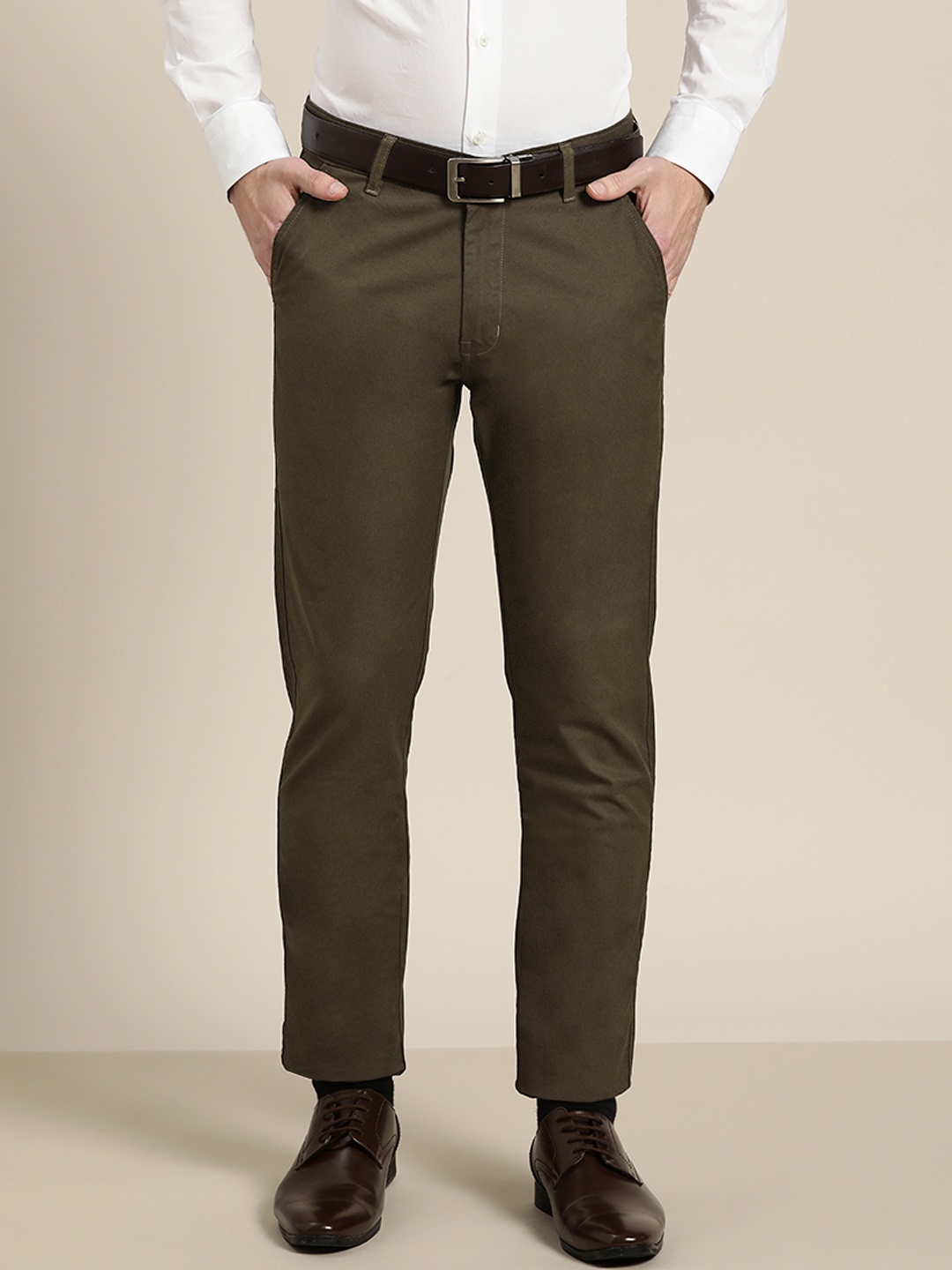 

Hancock Men Olive Green Self-Design Slim Fit Formal Trousers