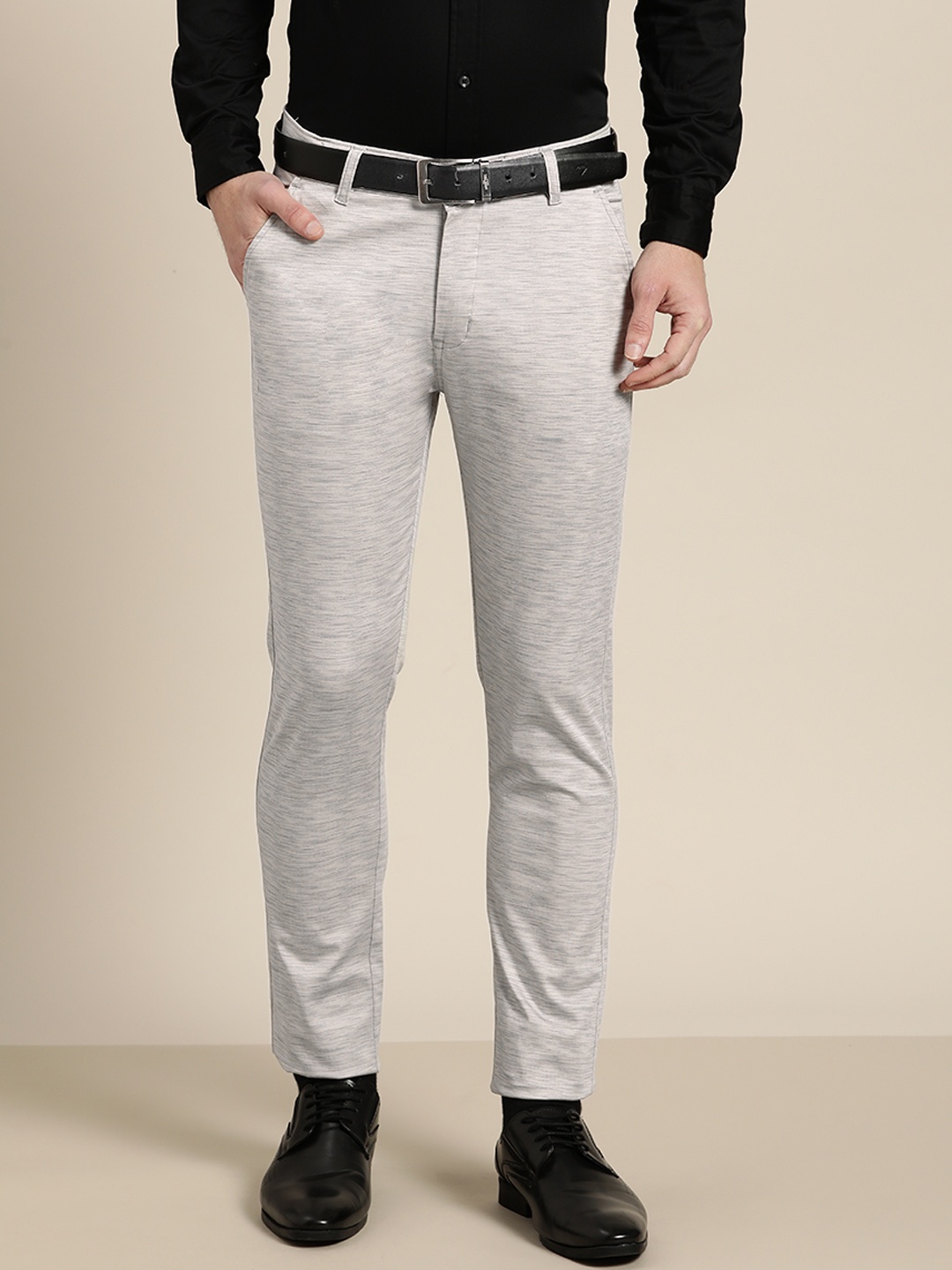 

Hancock Men Grey Slim Fit Self-Design Easy Wash Cotton Formal Trousers