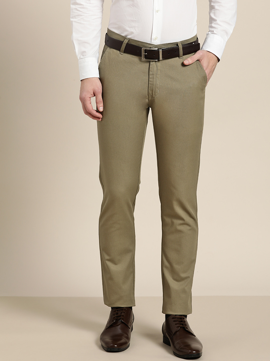

Hancock Men Khaki Self-Design Slim Fit Cotton Formal Trousers