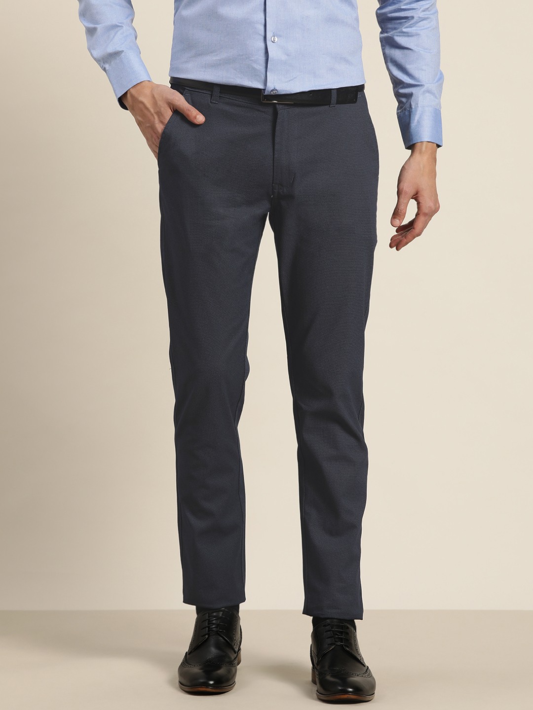 

Hancock Men Navy Blue Textured Printed Slim Fit Formal Trousers