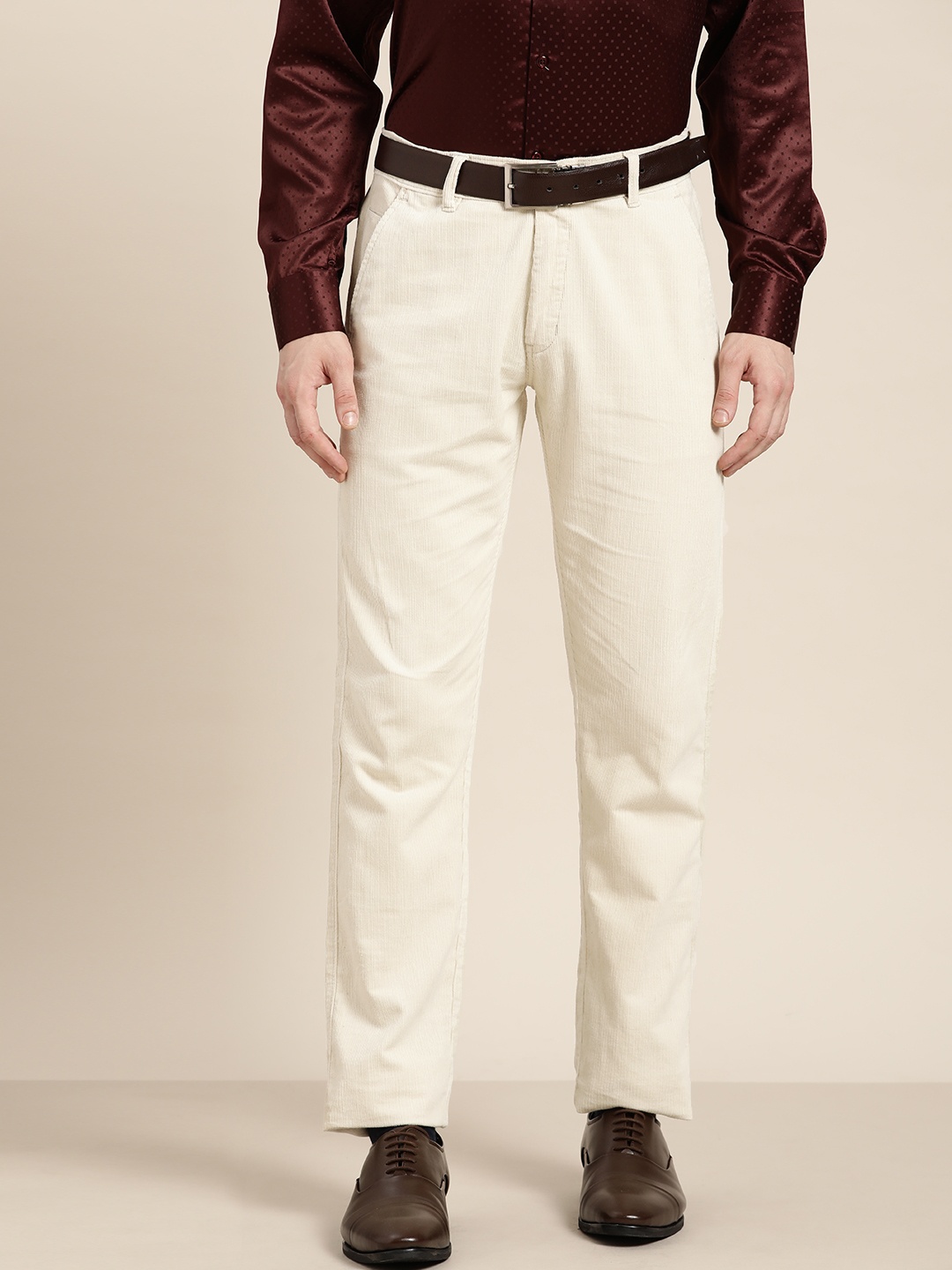 

Hancock Men Beige Slim Fit Corduroy Formal Trousers
