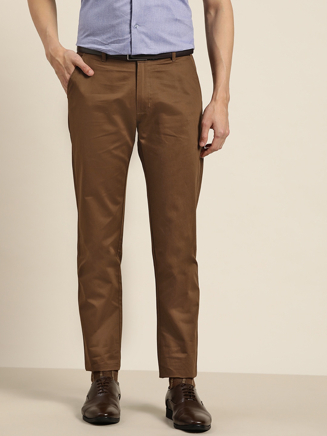 

Hancock Men Brown Slim Fit Pleated Formal Trousers