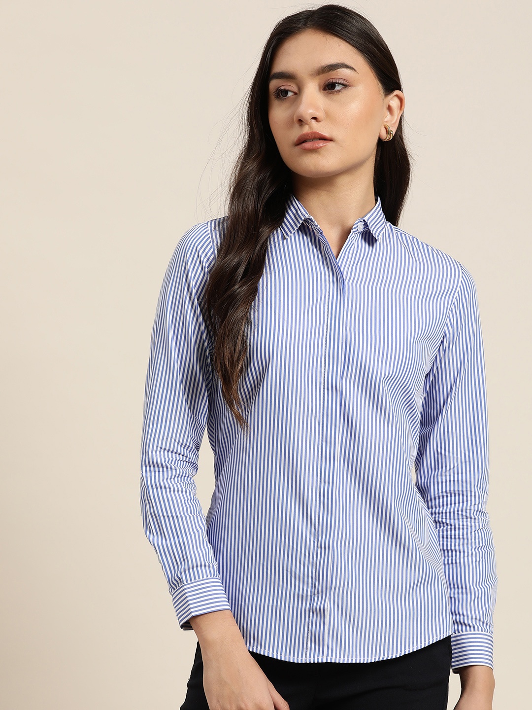 

Hancock Women White & Blue Slim Fit Opaque Striped Cotton Formal Shirt